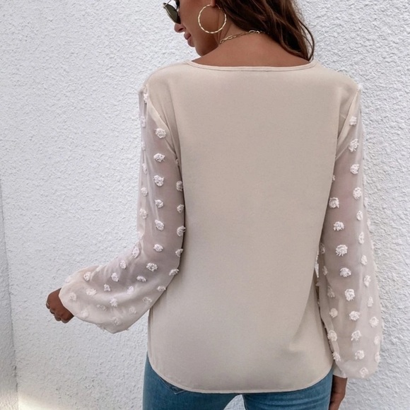 Long sleeve mesh polkadot v neck top tan cream khaki - Picture 2 of 6